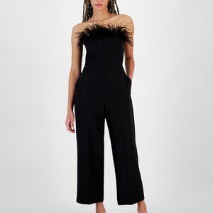 ✨ Sam Edelman Strapless Feather Trim Jumpsuit Black – Size 14 NWT ✨